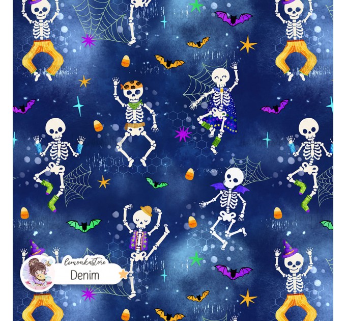 Dancing Skeletons exclusive seamless pattern - Denim