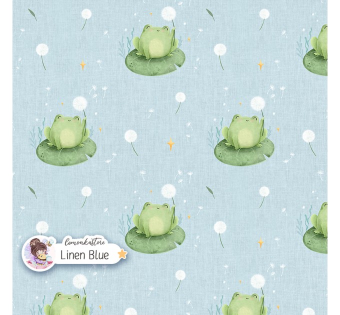 Frog and Dandelion exclusive seamless pattern - Linen Blue
