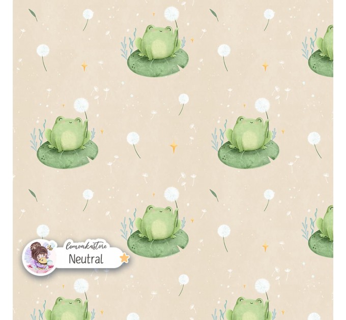 Frog and Dandelion exclusive seamless pattern - Neutral