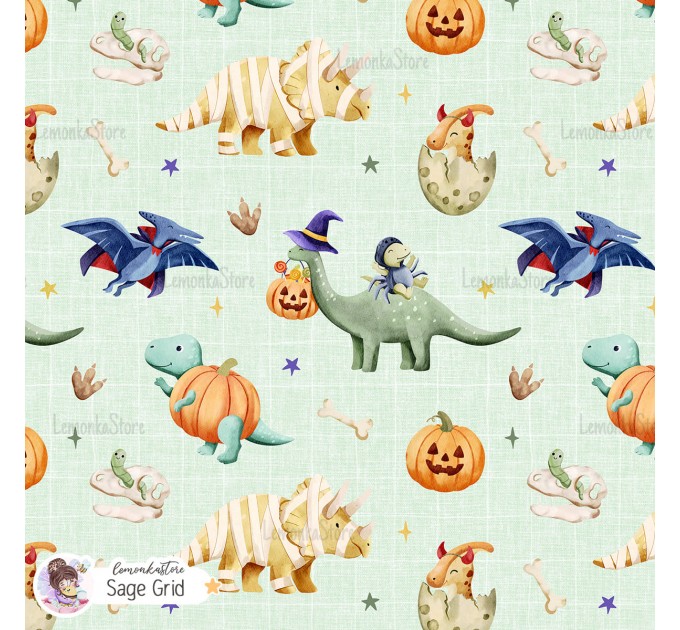 Halloween Dinosaurs exclusive seamless pattern - Sage Grid
