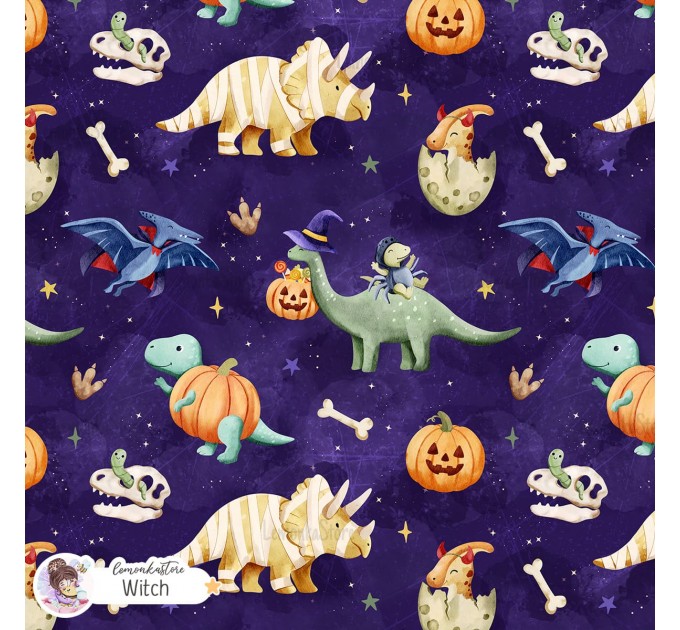 Halloween Dinosaurs exclusive seamless pattern - Witch